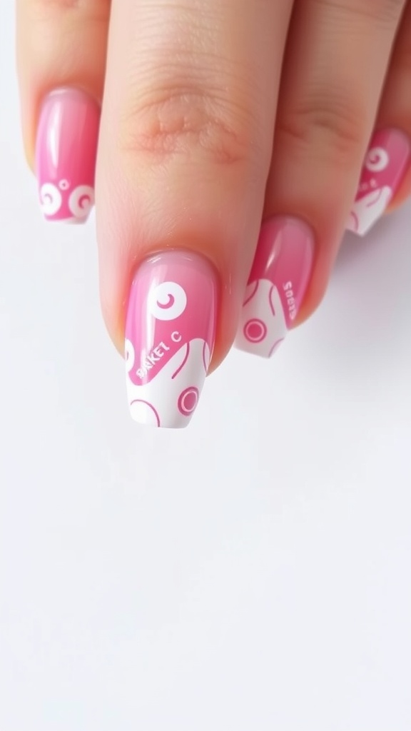 Nail design featuring pink and white colors with negative space patterns