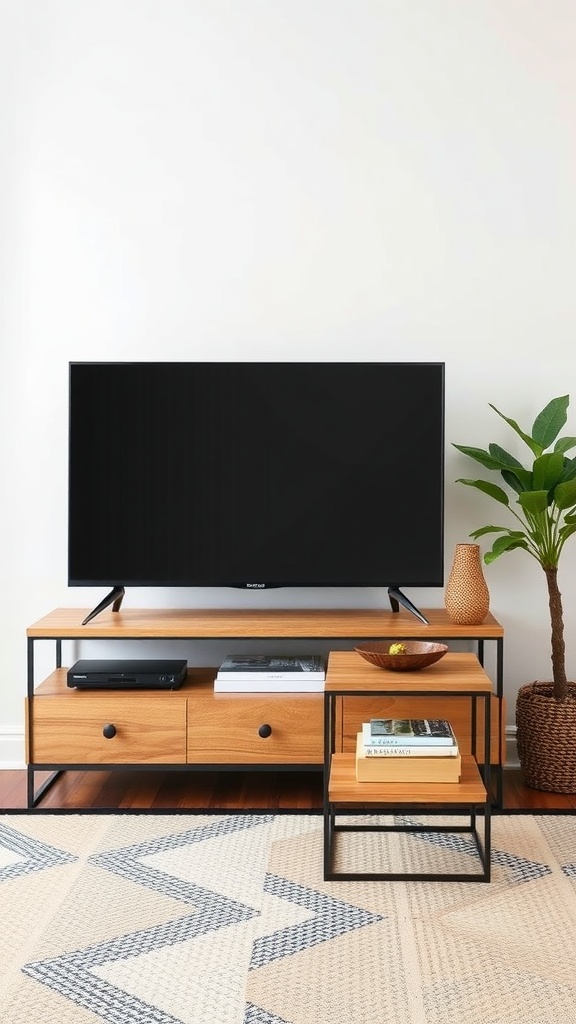 A cozy living room featuring a TV stand made of nesting tables with a plant and decorative items.