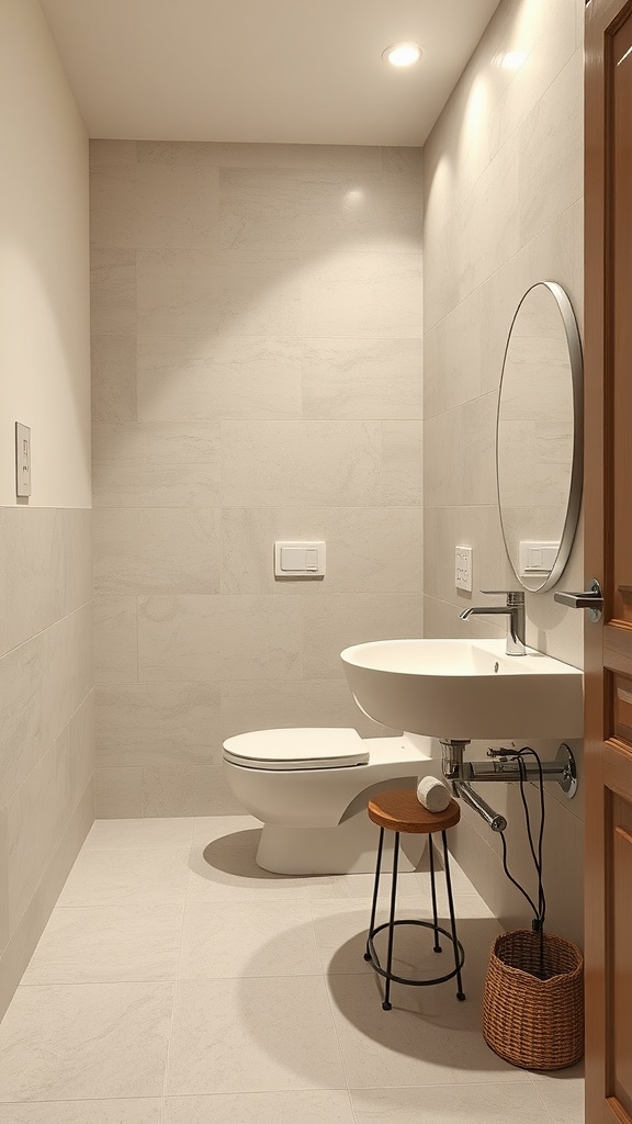 Small bathroom featuring neutral tiles, a wall-mounted sink, and minimal decor.