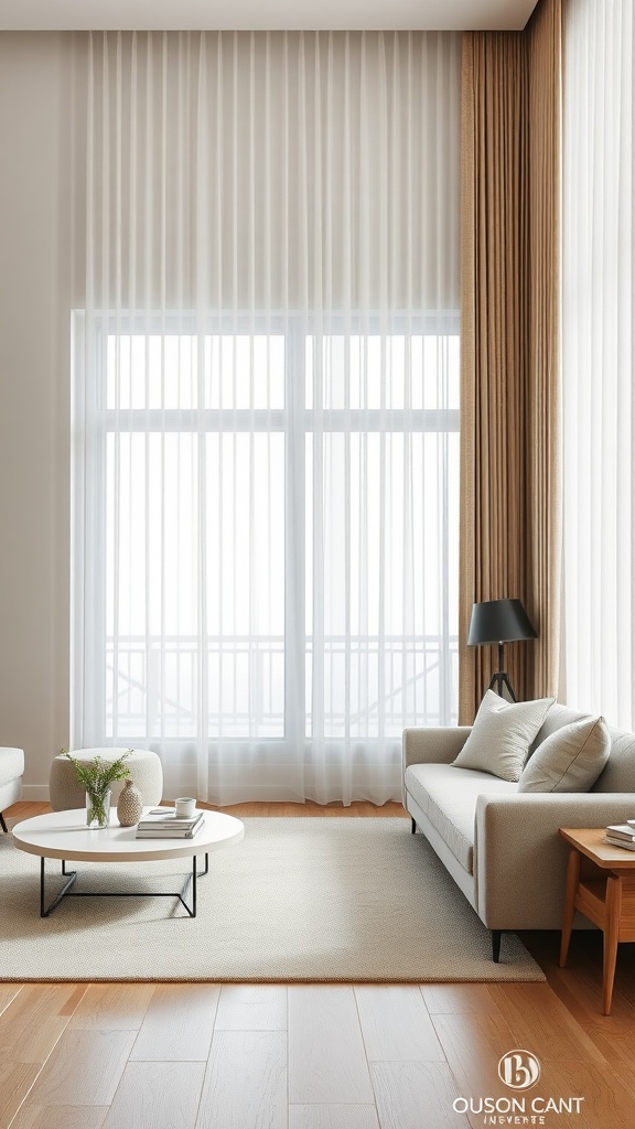 A living room featuring neutral-toned curtains with sheer and solid fabrics, creating a cozy and inviting atmosphere.