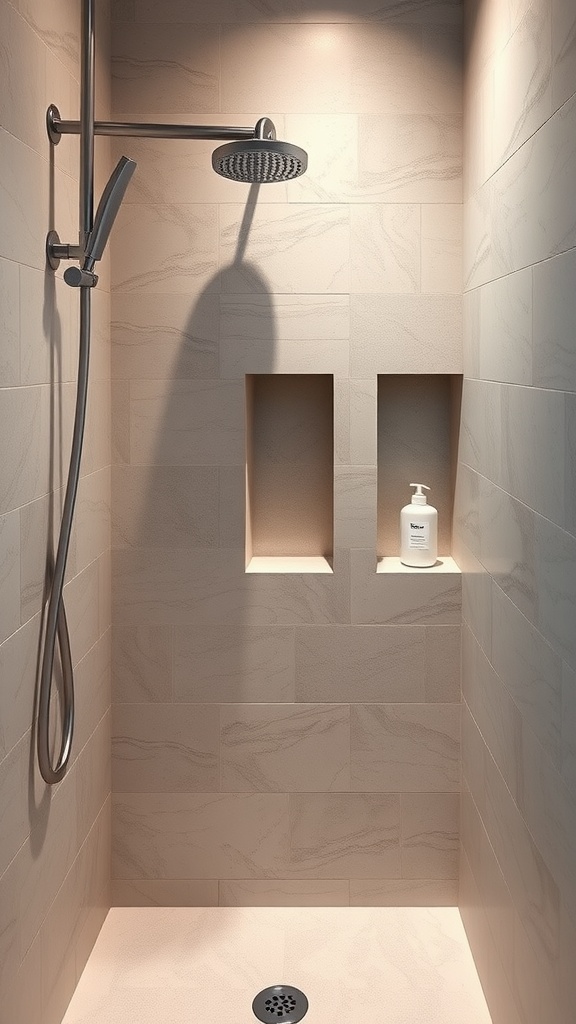 Modern shower with built-in niche shelves for toiletries