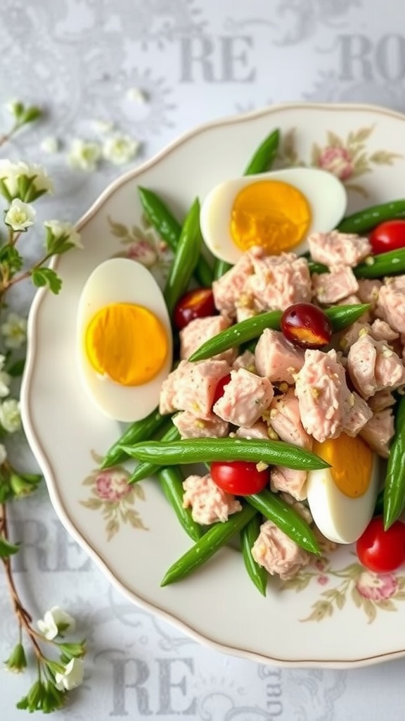A colorful Nicoise salad featuring hard-boiled eggs, tuna, green beans, and cherry tomatoes.