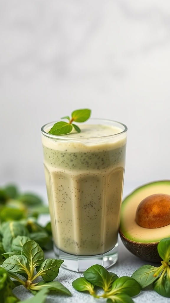 A refreshing avocado and spinach smoothie in a clear glass, garnished with a leaf, beside a halved avocado.