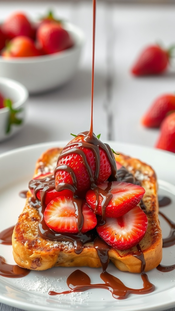 Delicious Nutella and Strawberry French Toast topped with fresh strawberries and chocolate drizzle.