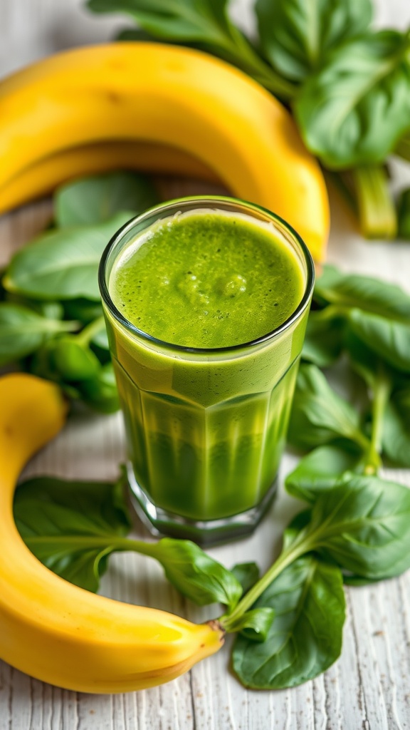 A glass of green spinach banana smoothie surrounded by bananas and spinach leaves.