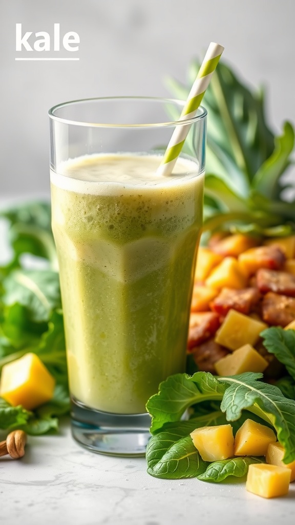 A refreshing kale and pineapple smoothie in a tall glass with a striped straw, surrounded by fresh ingredients.