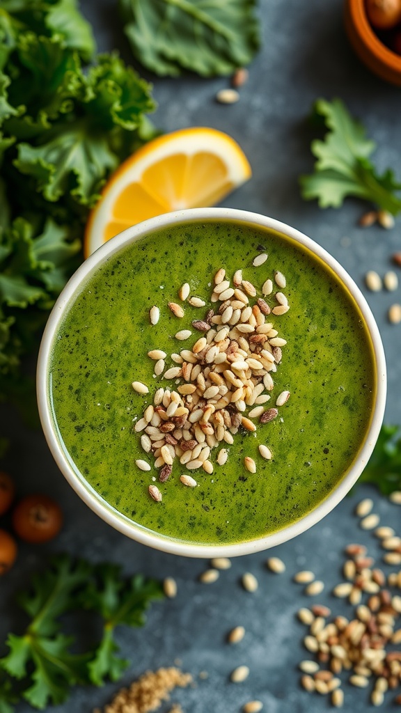 A vibrant green smoothie made with kale and quinoa, topped with seeds and a slice of lemon