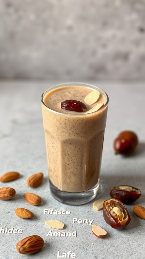 Nutty Almond and Date Smoothie in a glass with almonds and dates on the side