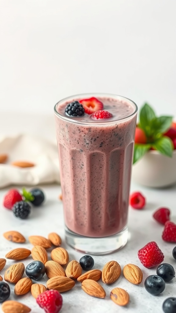 A glass of Nutty Almond Berry Blend smoothie surrounded by fresh berries and almonds.