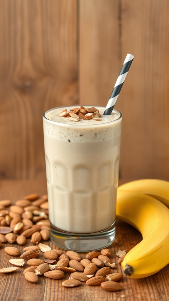 Nutty Almond Butter and Banana Blend smoothie in a glass with a striped straw, surrounded by almonds and bananas.