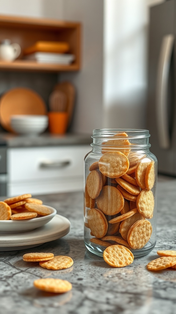 A jar filled with homemade cheese crisps made with almond flour.