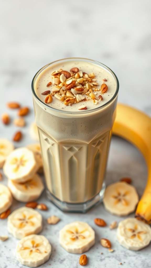 Nutty Banana Crunch smoothie in a glass with nuts and banana slices around it