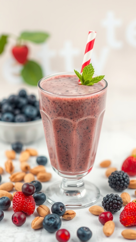 Delicious Nutty Berry Protein Smoothie with mixed berries and almonds.