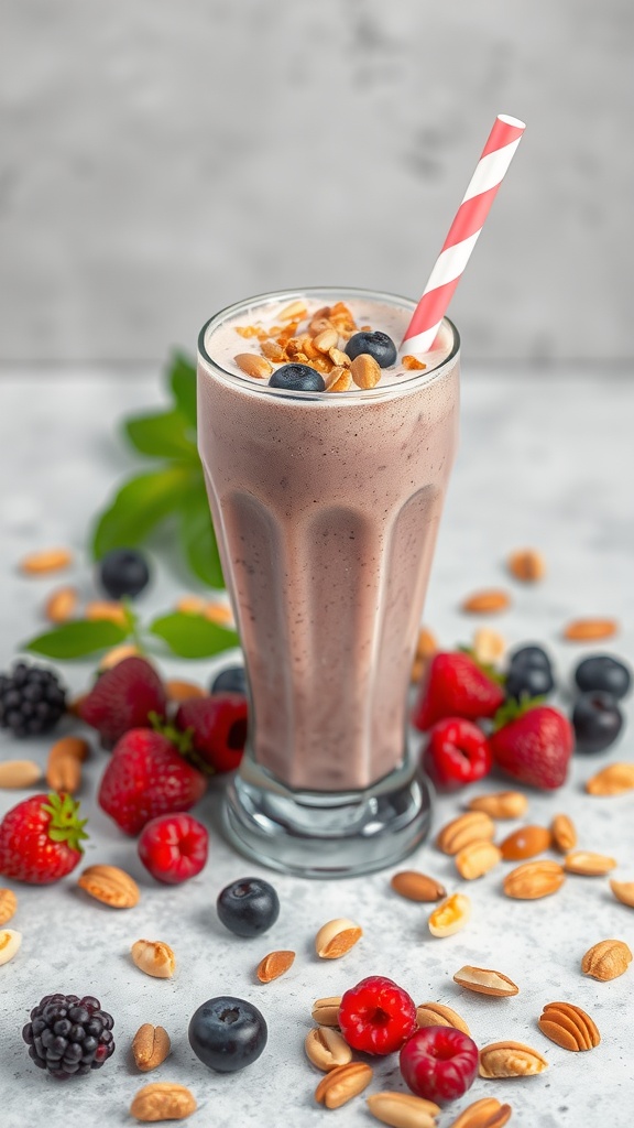 A Nutty Berry Shake topped with nuts and berries in a glass with a straw.