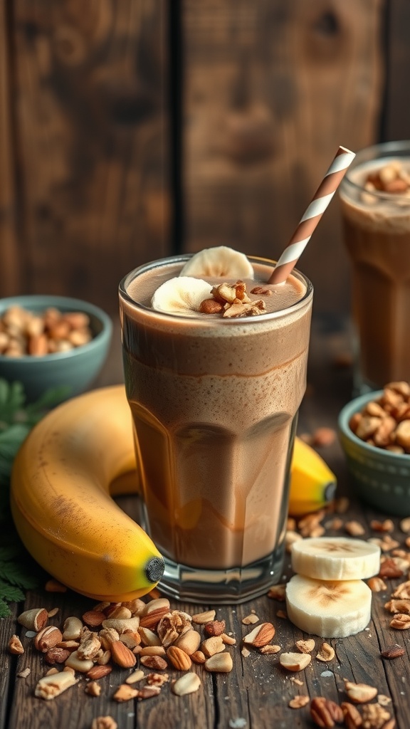 Nutty Chocolate Banana Smoothie served in a glass with banana slices and nuts on top.