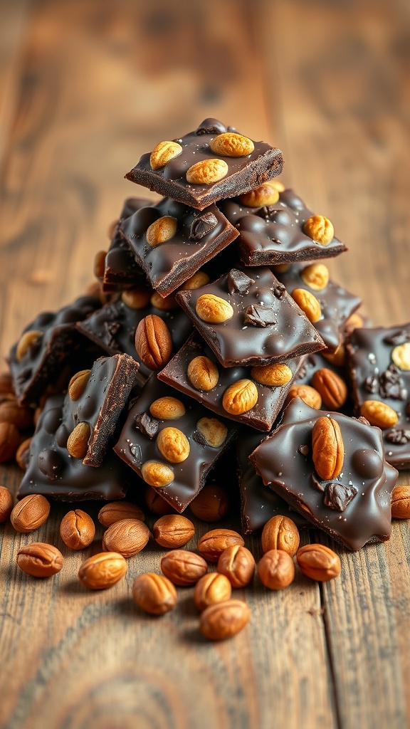 A pile of nutty chocolate clusters featuring dark chocolate and assorted nuts.