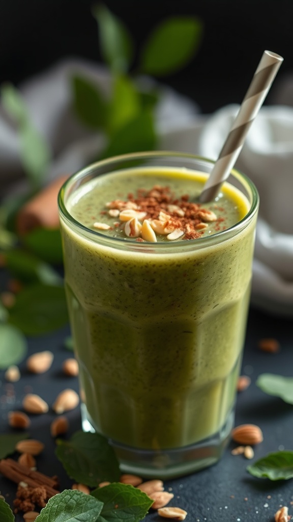 A vibrant green smoothie topped with nuts and spices in a glass with a straw.