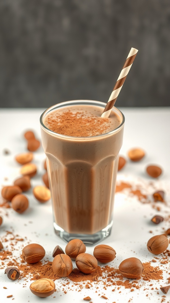 Nutty hazelnut chocolate smoothie in a glass with a straw, surrounded by hazelnuts and cocoa powder.