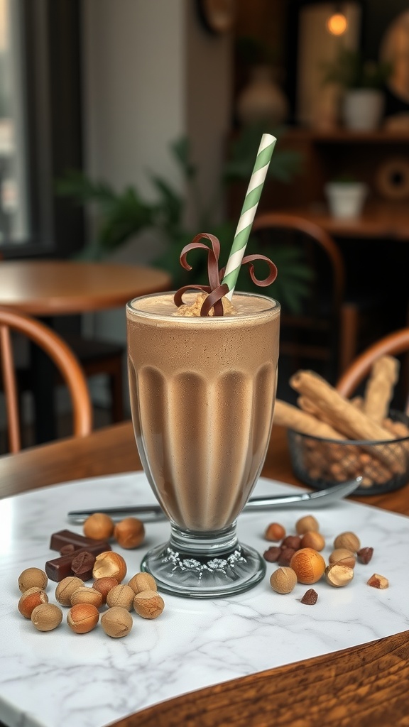 Nutty Hazelnut Chocolate Smoothie in a tall glass with a green striped straw, surrounded by hazelnuts and chocolate pieces.