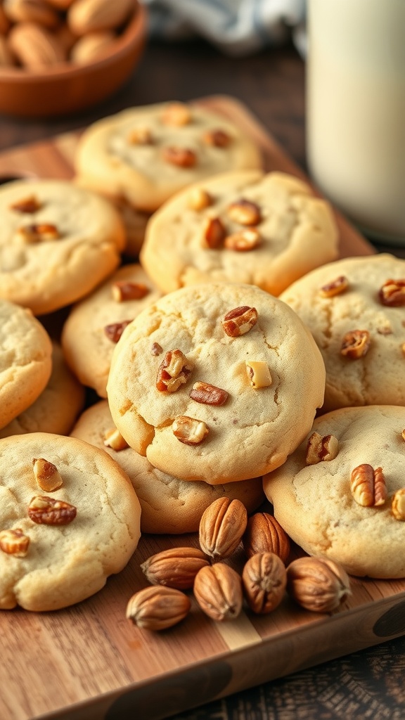 Delicious nutty keto cream cheese cookies topped with pecans on a wooden surface.