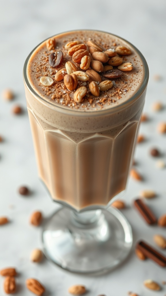 Nutty Mocha Smoothie topped with nuts in a glass