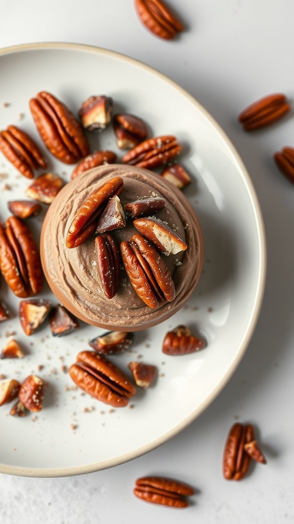 Plate of chocolate dessert topped with candied pecans