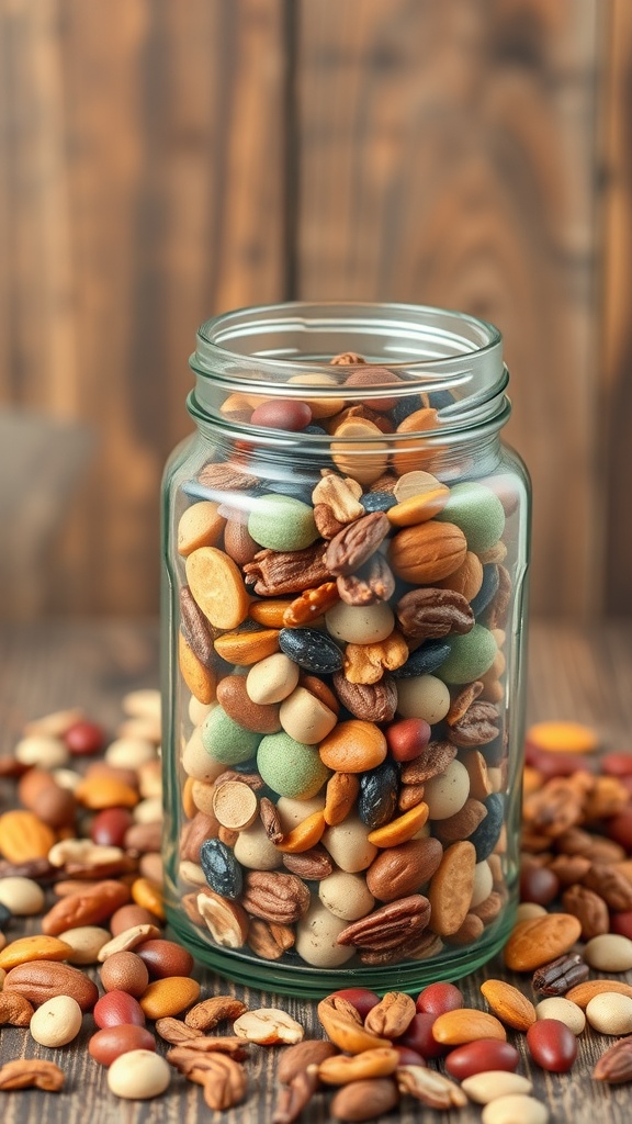 A jar filled with a colorful assortment of nuts and seeds for a healthy snack.