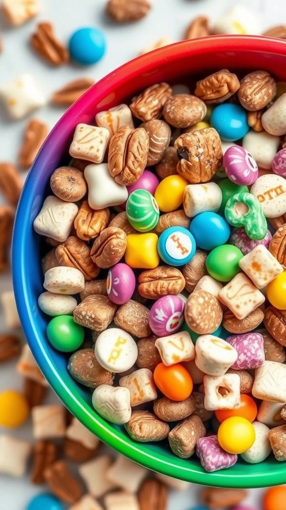 A colorful bowl filled with nutty trail mix muddy buddies, showcasing a mix of cereals, nuts, and candy.
