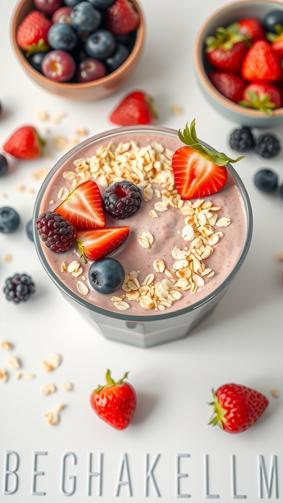 A refreshing oat and berry breakfast smoothie topped with fresh strawberries, blueberries, and oats.