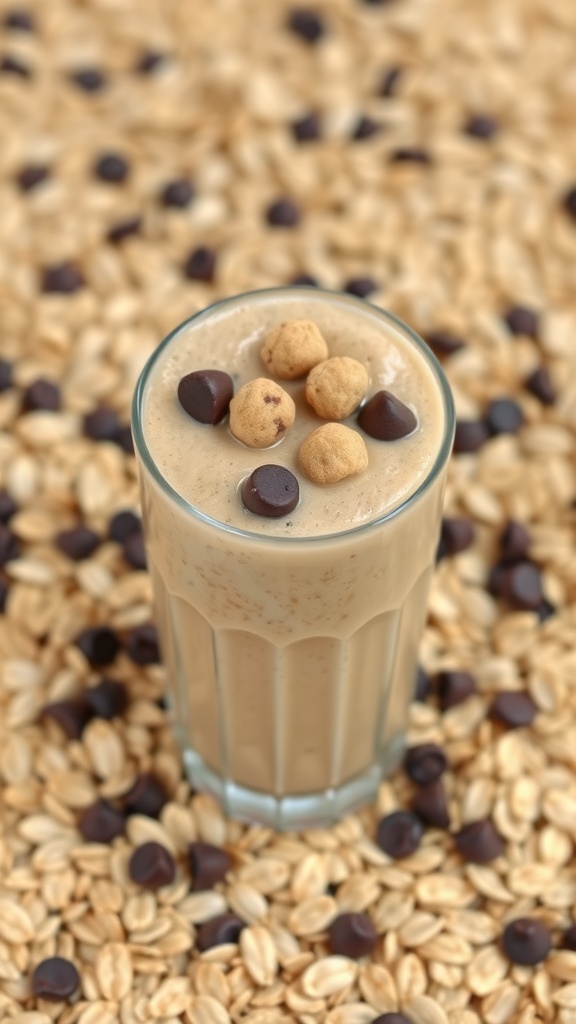 A glass of Oatmeal Cookie Dough Smoothie topped with chocolate chips and cookie dough balls, surrounded by oats.