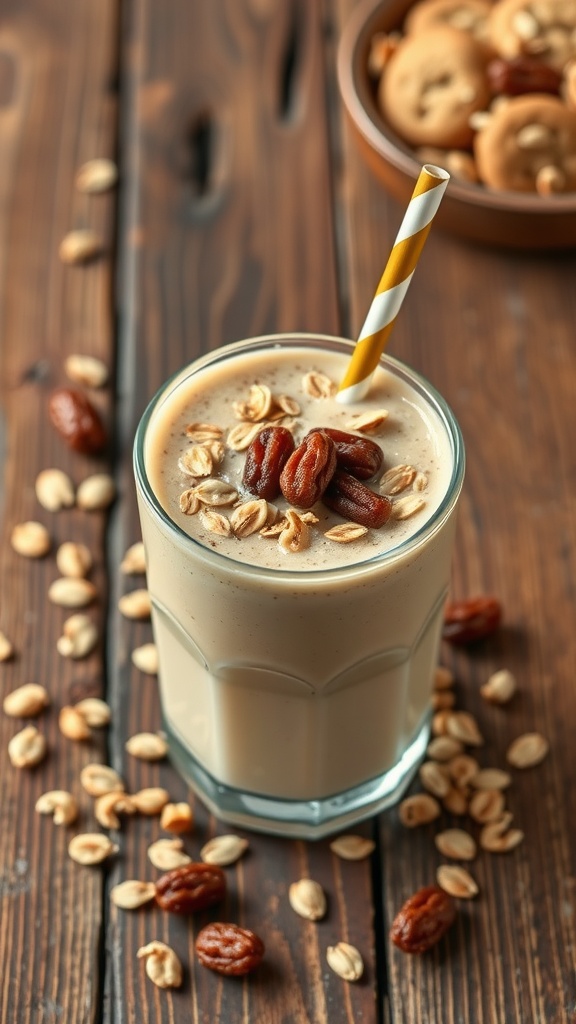 A creamy oatmeal raisin cookie smoothie topped with oats and raisins