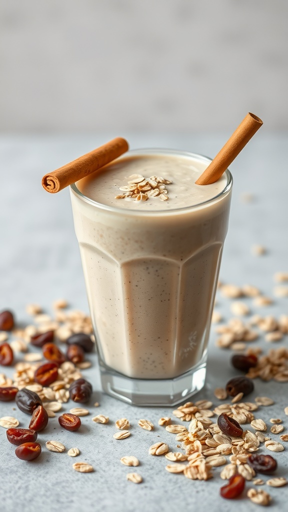 A refreshing Oatmeal Raisin Smoothie served in a glass with oats and raisins scattered around.
