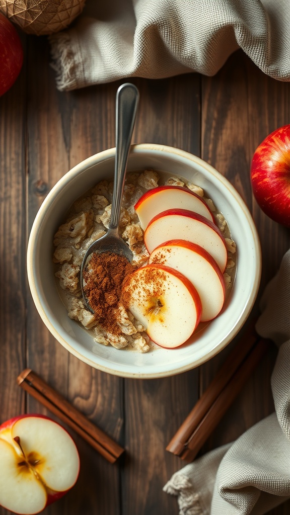 A bowl of oatmeal topped with sliced apples and cinnamon, surrounded by whole apples and cinnamon sticks.