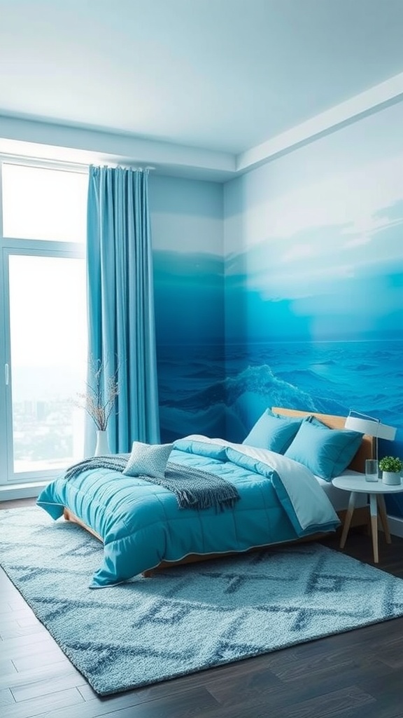 A serene bedroom with ocean wave mural and blue decor.