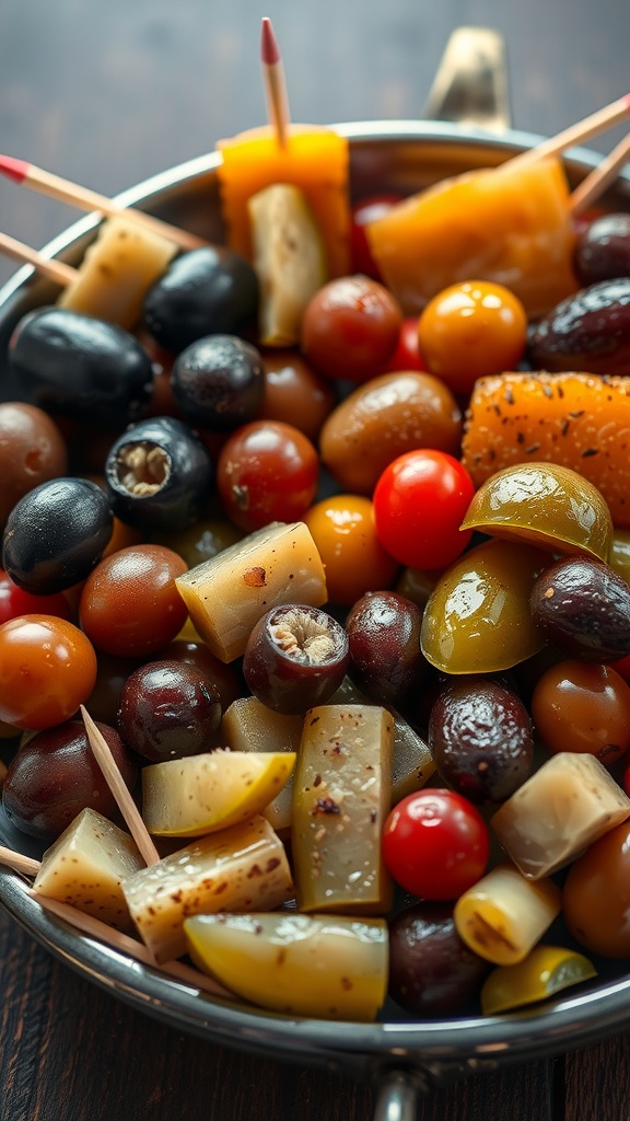 A vibrant platter filled with assorted olives, pickles, and cheese cubes.