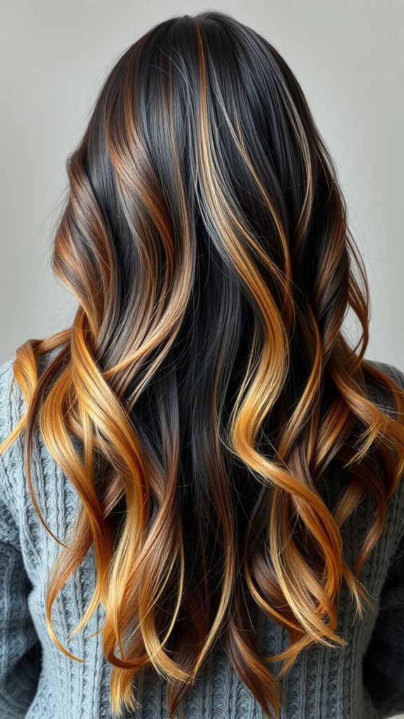 Back view of hair styled in onyx black with caramel balayage.