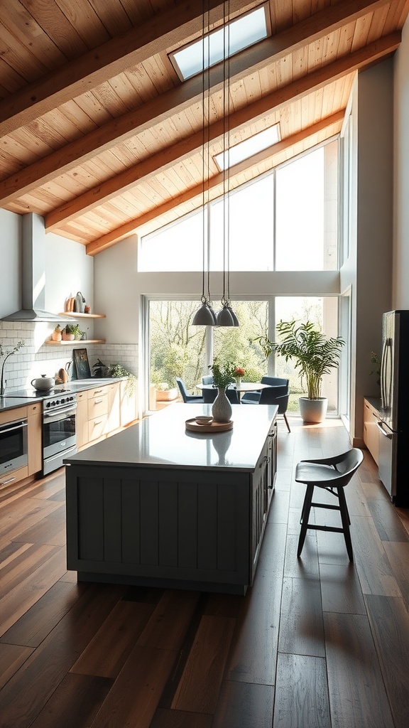 Modern kitchen with a large island, open layout, and wooden beams.