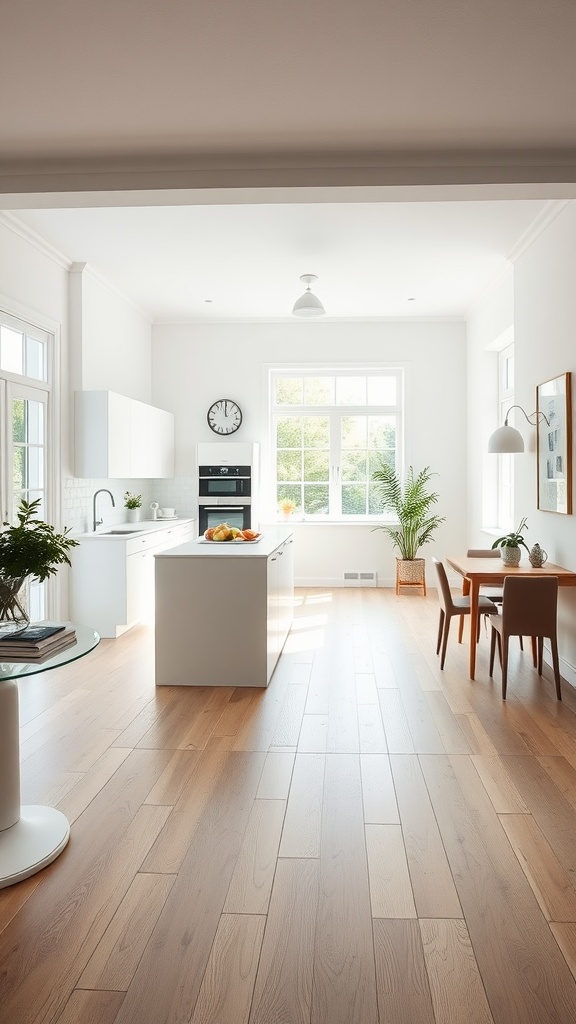 Open concept white kitchen with wooden flooring and natural light