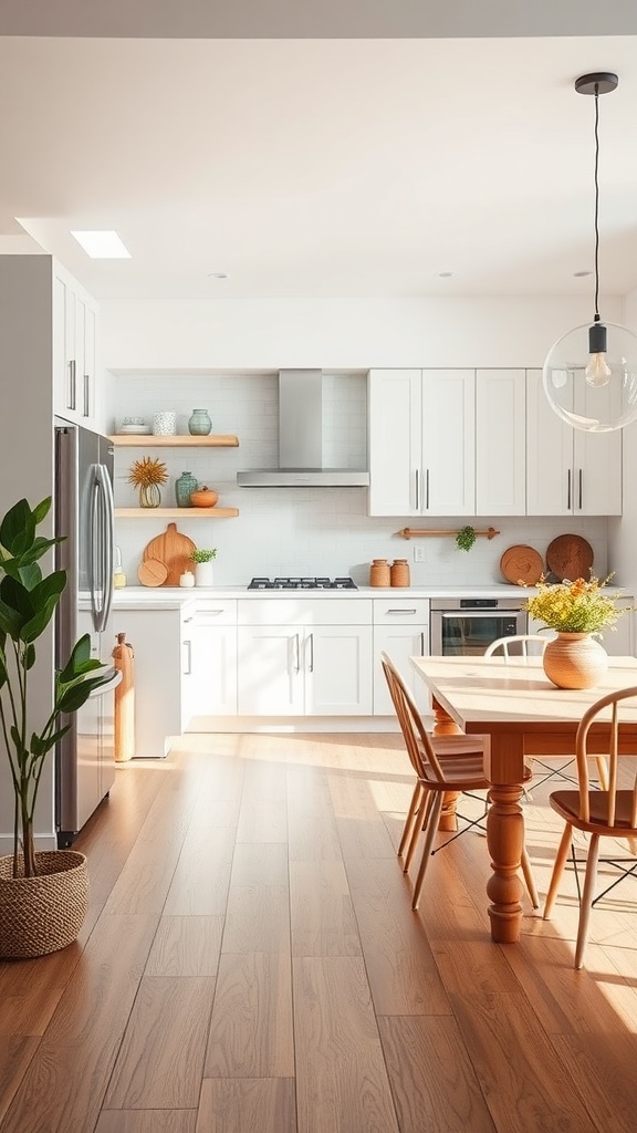 Open concept white kitchen with dining area, showcasing bright decor and wooden accents.