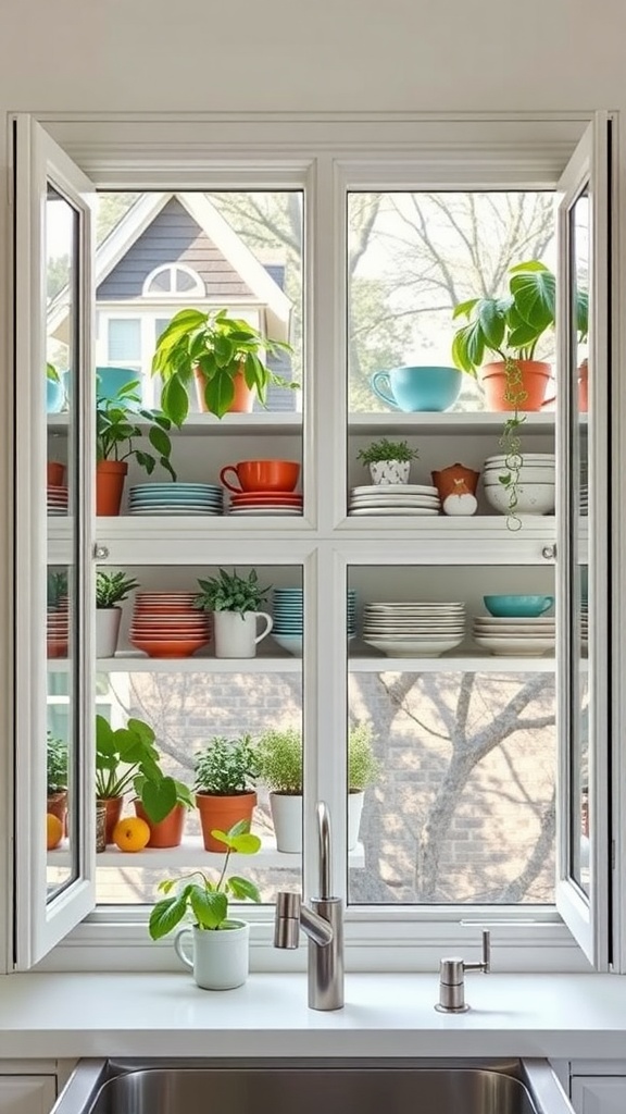 Bright kitchen window with open shelving displaying colorful dishes and potted plants.