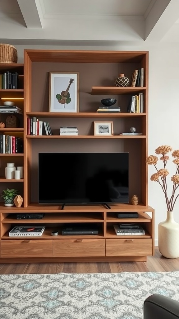 An entertainment center with open shelving displaying books, decorative items, and a television.