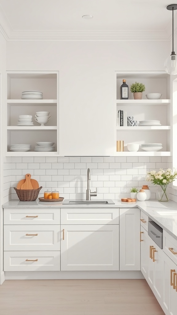 A bright white kitchen with open shelving displaying plates and decorative items.