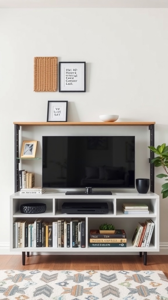 A stylish open shelving unit TV stand featuring a television, books, and decorative items.