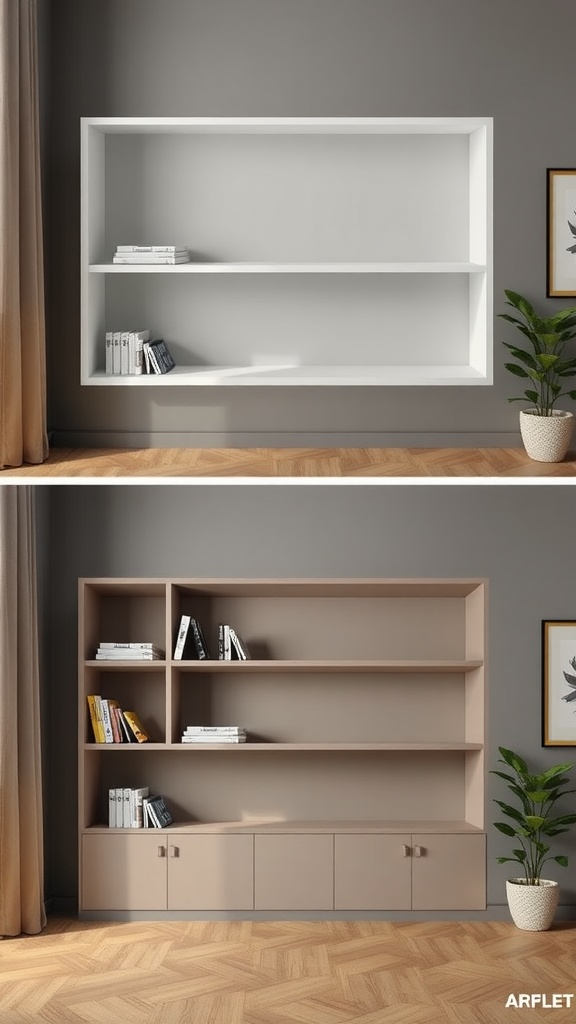 Comparison of open and closed corner shelf designs in a modern interior setting.