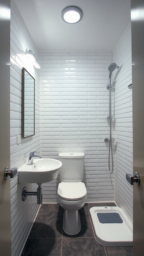A small, modern bathroom with bright lighting fixtures.