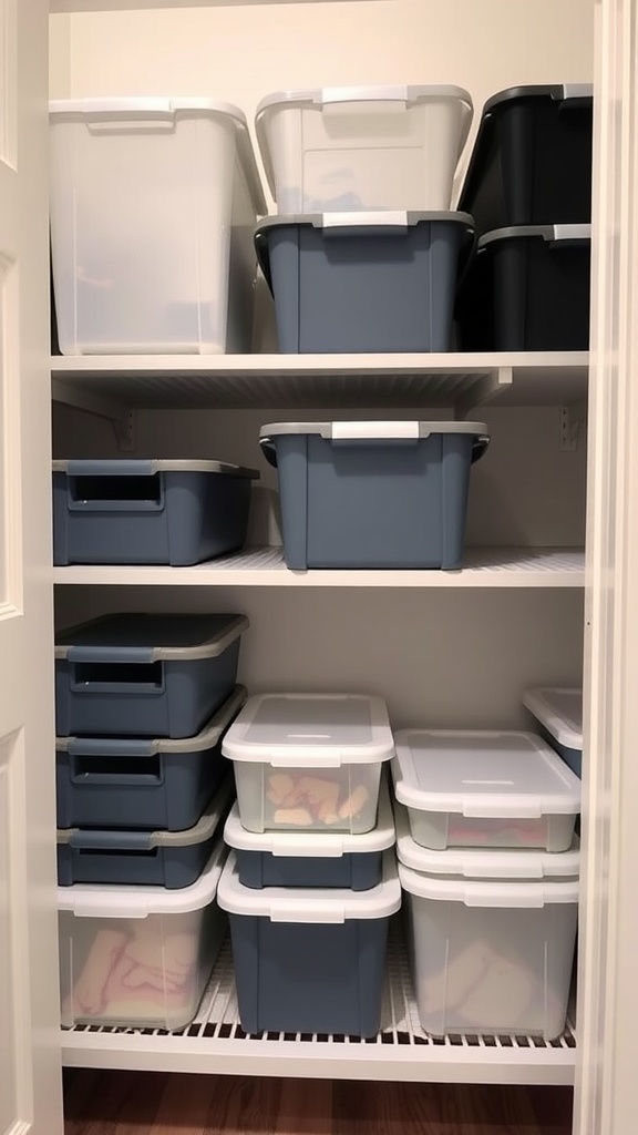 A closet organized with stackable bins in various colors