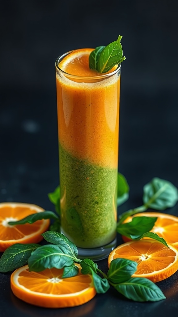A refreshing Orange and Spinach Energizing Smoothie in a glass, garnished with a slice of orange and spinach leaves.