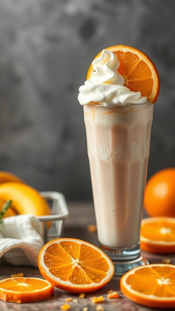 A tall glass of Orange Creamsicle Protein Shake topped with whipped cream and an orange slice, surrounded by fresh orange slices.
