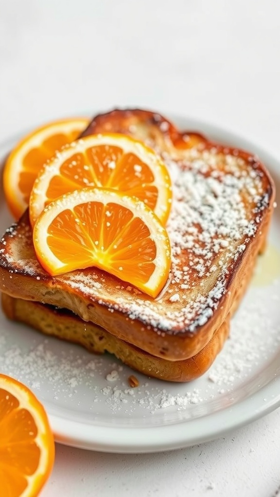 Delicious orange zest french toast topped with orange slices.