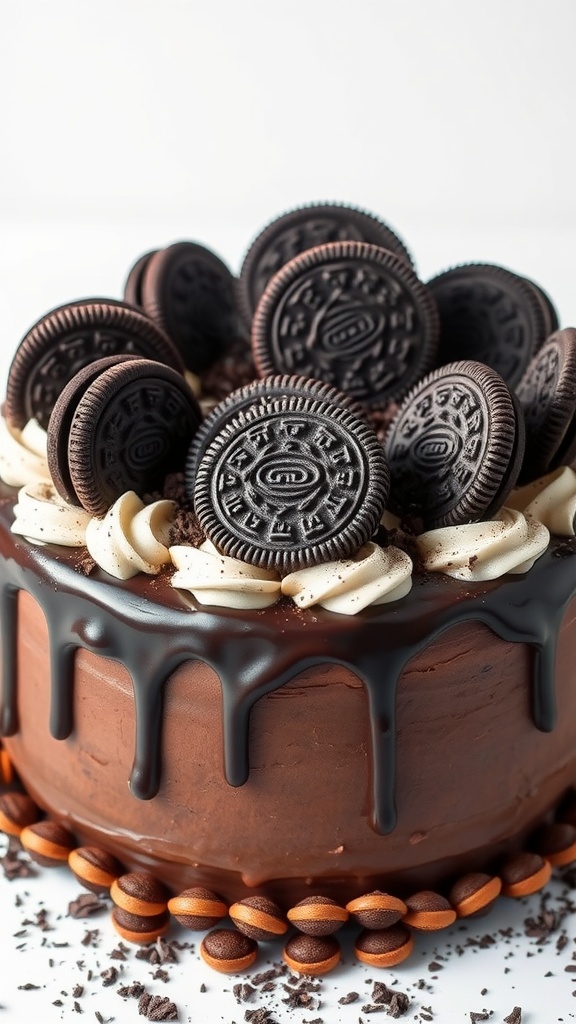 A beautifully decorated Oreo cake topped with whole Oreos and chocolate ganache.